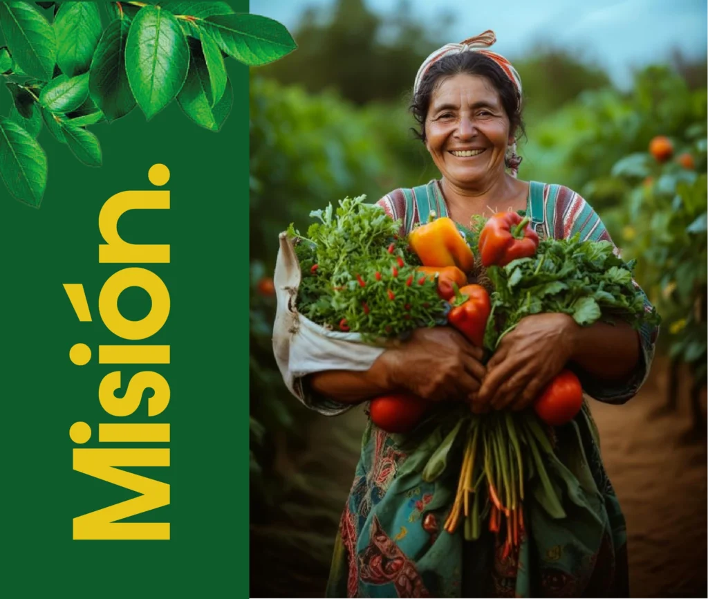 Agricultora sonriendo mientras sostiene una variedad de vegetales frescos, representando la misión de Merco Riego de apoyar la sostenibilidad agrícola y el cuidado del medio ambiente.