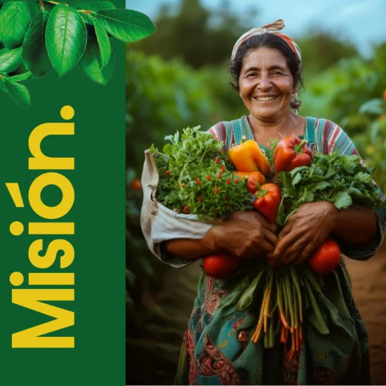 Agricultora sonriendo mientras sostiene una variedad de vegetales frescos, representando la misión de Merco Riego de apoyar la sostenibilidad agrícola y el cuidado del medio ambiente.