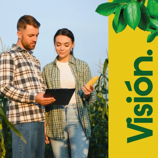 Agricultor inspeccionando cultivos con un sistema de riego, representando la visión de Merco Riego de liderazgo en soluciones de riego sostenible en Colombia y su expansión internacional.